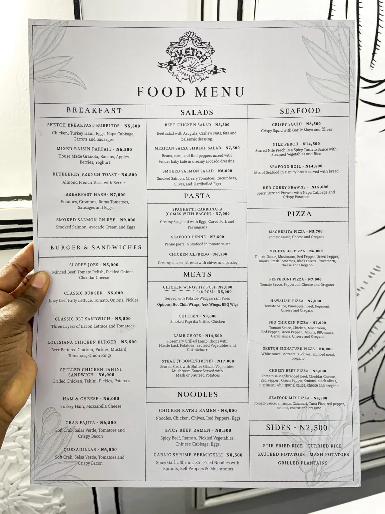 Sketch Restaurant Abuja menu